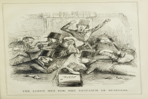 Ein Blatt mit einer Zeichnung von verzweifelten Menschen und dem Text 'Die Lords trafen sich zur Erledigung von Geschäften'.