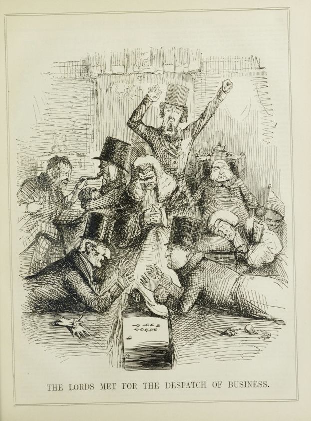 Ein Blatt mit einer Zeichnung von verzweifelten Menschen und dem Text 'Die Lords trafen sich zur Erledigung von Geschäften'.