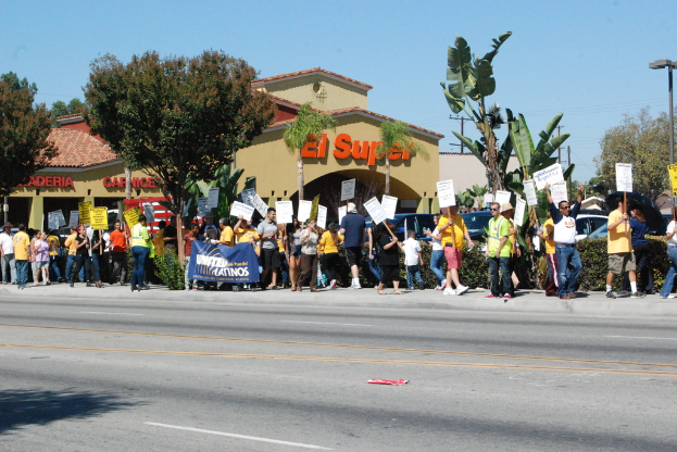 Eine Gruppe von Menschen mit Schildern, die durch die Landschaft gehen, mit Bäumen, Büschen, einer Fahne, einem Gebäude mit Namensschildern, Autos und aktuellen Umfragen im Hintergrund.