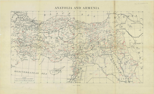 Eine detaillierte Karte von Anatolien und Armenien auf Papier, mit geografischen Merkmalen und Text annotiert.