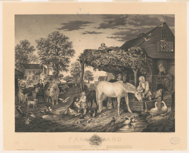 Eine Schwarz-Weiß-Radierung einer Farmszene mit einem Pferd im Vordergrund, umgeben von Menschen, Tieren, Vögeln und Häusern, mit Bäumen und einem bewölkten Himmel im Hintergrund und Text unten mit der Aufschrift "Gib mir die Freude eines friedlichen Landlebens".