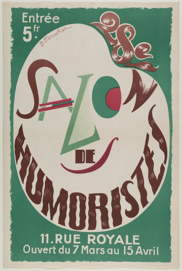 Plakat, das eine Humoristen-Vorführung in Paris, Frankreich, ankündigt.