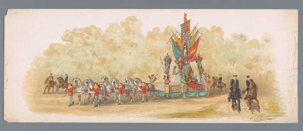 Ein Gemälde, das einen Karnevalsumzug mit Menschen in bunten Kostümen zeigt, die auf Pferden vor einem geschmückten Wagen durch eine Landschaft mit Bäumen und einem klaren blauen Himmel reiten.