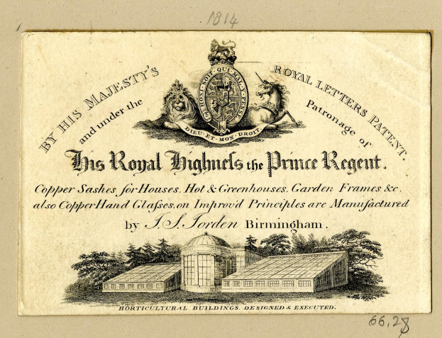 Alte Visitenkarte für "The Royal Highmills of the Prince Regent" mit einer Illustration eines Gebäudes und Bäumen.