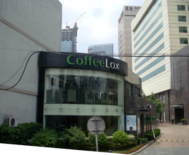 Ein Geschäftsgebäude mit Pflanzen vorne, Kabel und vielen hohen Gebäuden im Hintergrund.