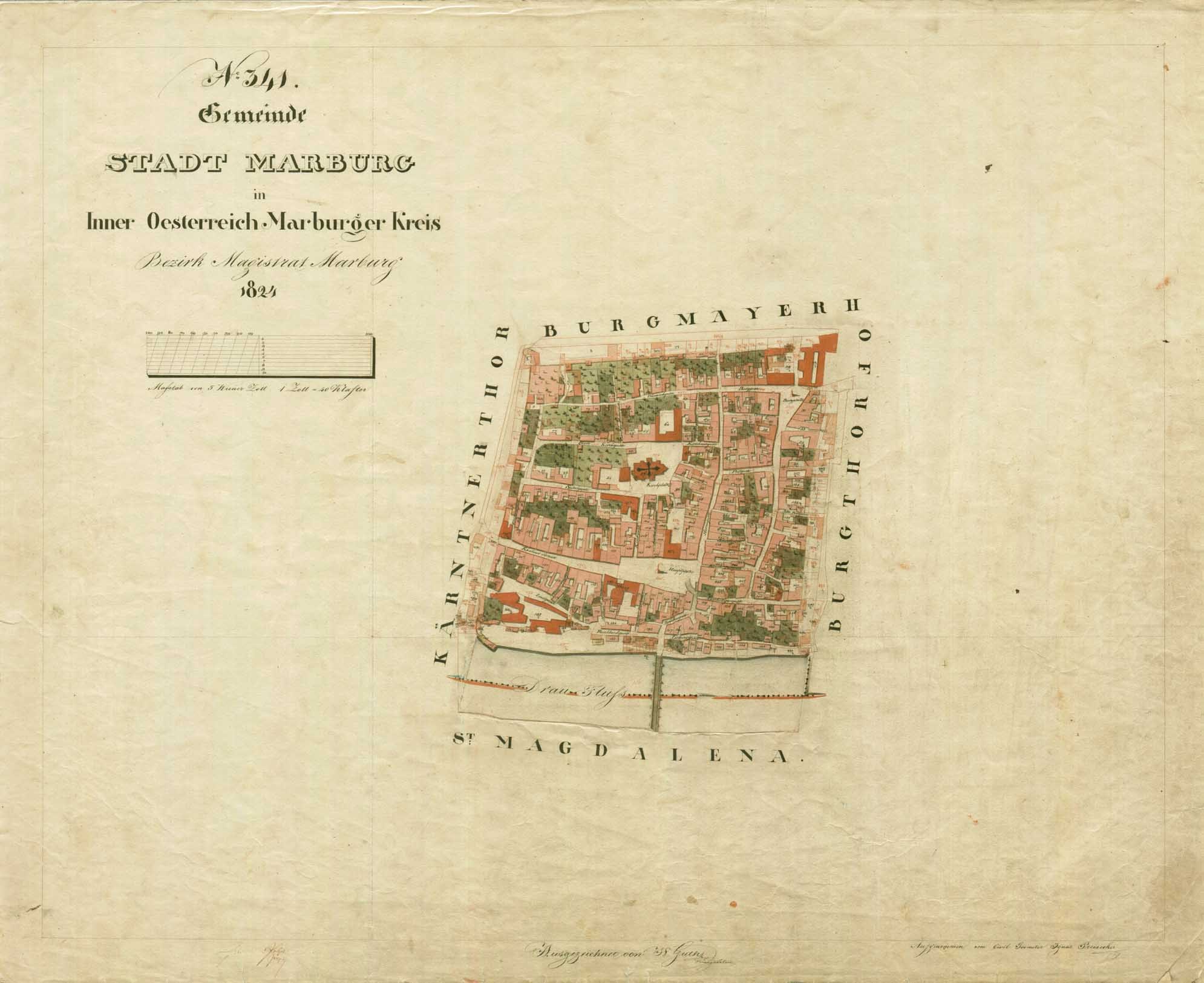 Detaillierte alte Stadtplan von Stadt Marburg mit Straßen, Gebäuden, Sehenswürdigkeiten und Text mit zusätzlicher Stadtinformation.
