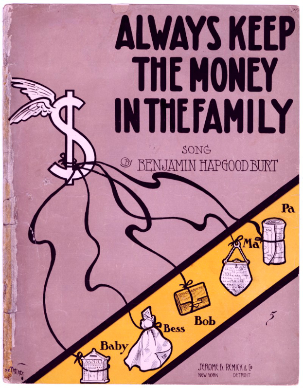 Ein Plakat mit der Aufschrift 'Immer das Geld in der Familie lassen' in fetter schwarzer Schrift auf einem weißen Hintergrund, mit einer bunten Illustration einer strahlenden Familie von vier Personen, die in einem Kreis unter einem hellblauen Himmel mit weißen Wolken stehen.