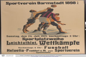 Ein Plakat, das ein Fußballspiel mit einer Gruppe von Männern in Fußballtrikots zeigt, die aktiv ein Spiel spielen, mit Text, der das Spiel und die Spieler beschreibt.