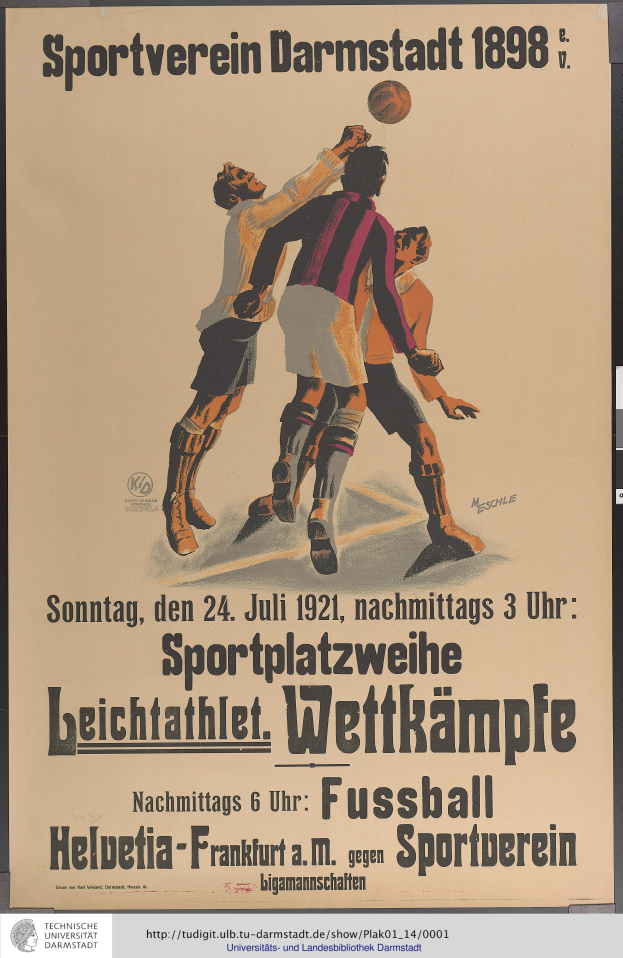 Ein Plakat, das ein Fußballspiel mit einer Gruppe von Männern in Fußballtrikots zeigt, die aktiv ein Spiel spielen, mit Text, der das Spiel und die Spieler beschreibt.