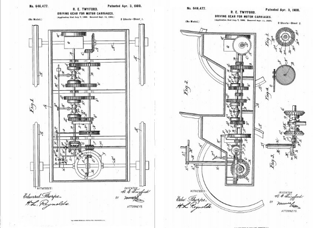 Ein detailliertes Zeichnung eines Maschinen mit zahlreichen Zahnrädern, das als erstes Patent für ein Auto gilt, auf weißem Papier mit begleitendem Text.