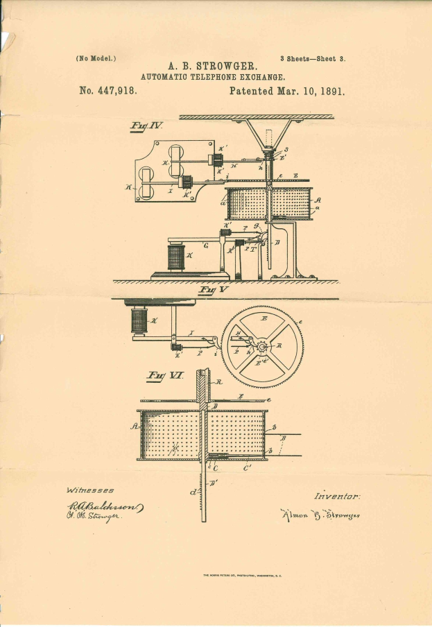 Eine Seite aus einem Buch mit einer Zeichnung eines automatischen Fernmeldeamt-Patents von 1891.
