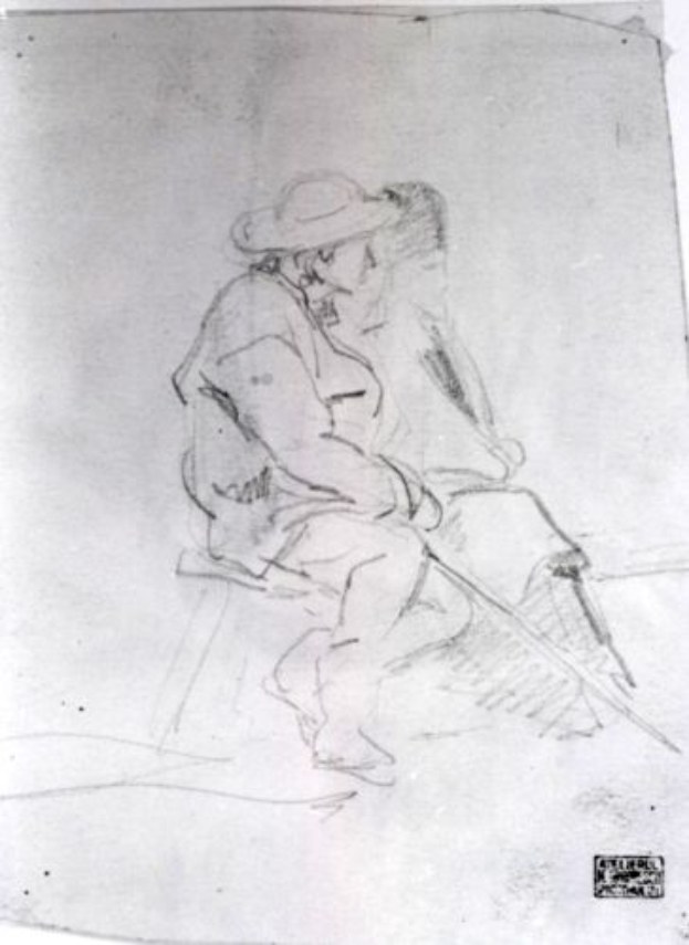 Ein Mann sitzt auf einer Bank, trägt einen langen Mantel, Hut und hält einen gebogenen Stock, mit einem ernsten Gesichtsausdruck und konzentriertem Blick.