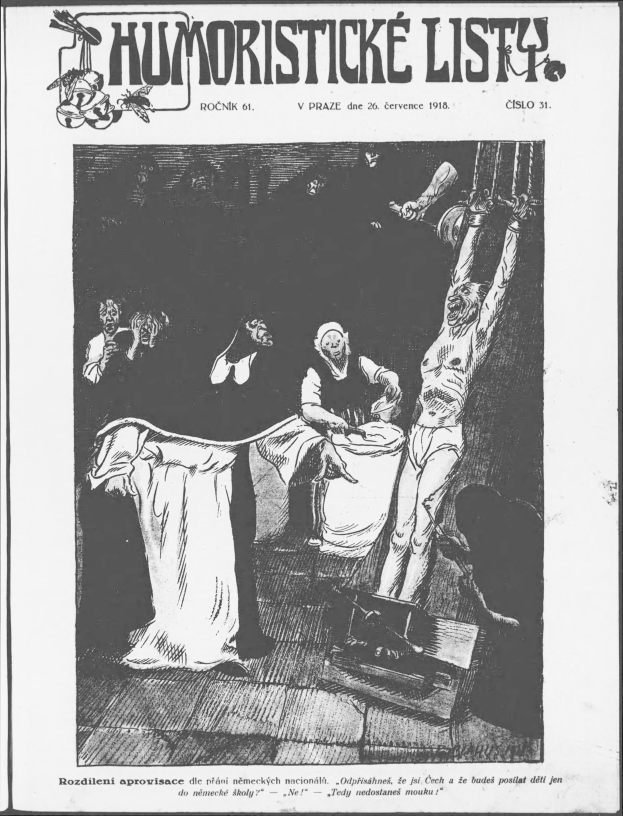 Ein Schwarz-Weiß-Plakat mit ein paar Leuten und Text, der 'Humoristické Listy, Vol 1, No 1, Oktober 1918' lautet.