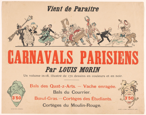 Ein Blatt mit der Überschrift "Carnivals Parisiens par Louis Morin" in fetter Schrift, das farbenfrohe Illustrationen von Menschen in bunten Kostümen und Masken bei einer lebhaften Karnevalsszene zeigt.