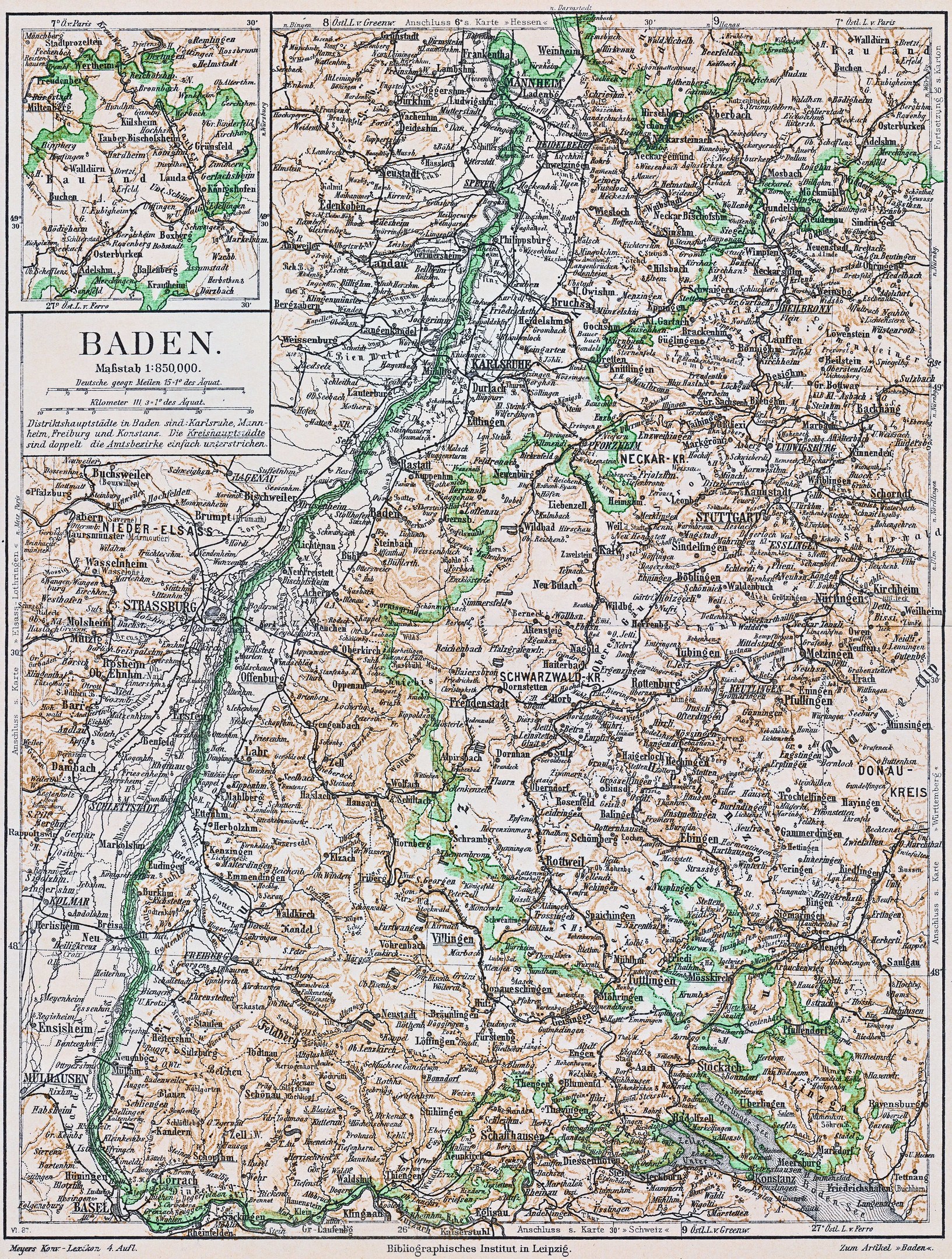 Detailierte alte Karte von Baden-Württemberg, Deutschland, mit Straßen, Städten und geografischen Merkmalen, mit Text oben und unten.