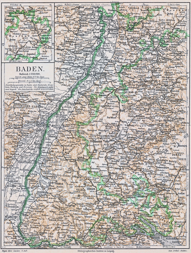 Detailierte alte Karte von Baden-Württemberg, Deutschland, mit Straßen, Städten und geografischen Merkmalen, mit Text oben und unten.
