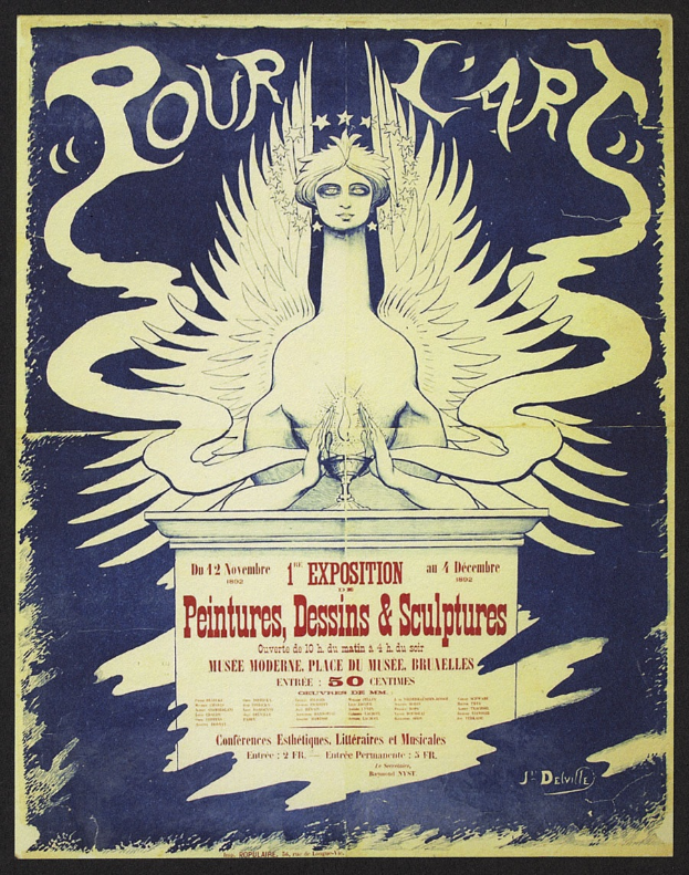 Ein Konzertplakat mit einer Frau mit Flügeln, die ein langes Kleid trägt und die Arme ausbreitet, mit einem friedlichen Gesichtsausdruck, vor einem tiefblauen Nachthimmel mit Sternen und einem Halbmond.