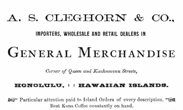 Ein Schwarz-Weiß-Blatt mit der Aufschrift "A.S. Cleghorn & Co. Importeure, Groß- und Einzelhandelsgeschäft für Allgemeine Waren"