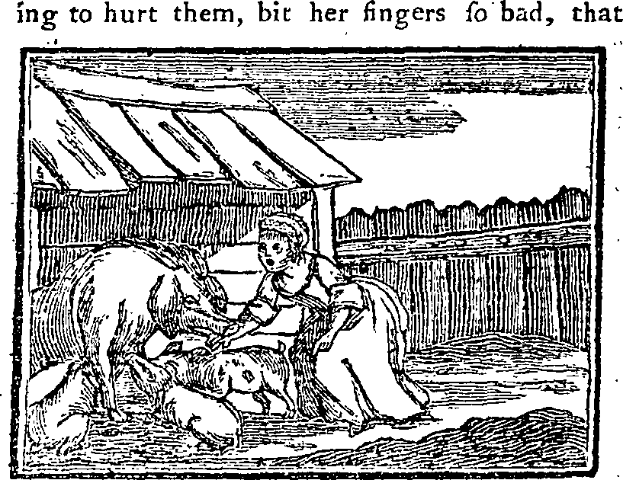 Eine Schwarz-Weiß-Zeichnung einer Frau, die neben einem Hund auf dem Boden sitzt, mit einer Hütte im Hintergrund und Text oben und unten, der lautet "Ing zu verletzen, biss ihre Finger zu schlecht, das".