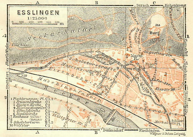 Ein detaillierter alter Stadtplan von Esslingen, Deutschland, mit Text und Zahlen für einen umfassenden Überblick über das Gebiet.