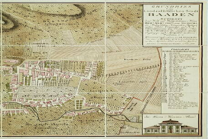 Ein detailliertes altes Stadtplan von Baden-Württemberg, Deutschland, zeigt Straßen, Gebäude und Sehenswürdigkeiten, mit einem Gebäude in der rechten unteren Ecke und Text, der Stadtinformationen bereitstellt.