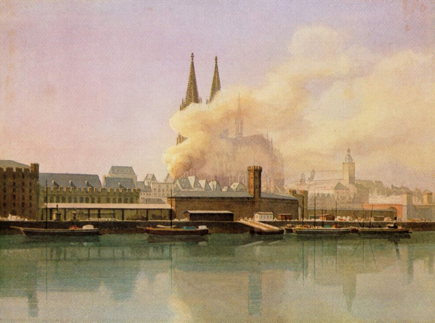 Gemälde einer 19. Jahrhundert Kölner Stadtansicht mit Booten auf dem Wasser, Gebäuden, Rauch und Himmel, untertitelt mit 'Cologne, Germany in the 19th century' unten.
