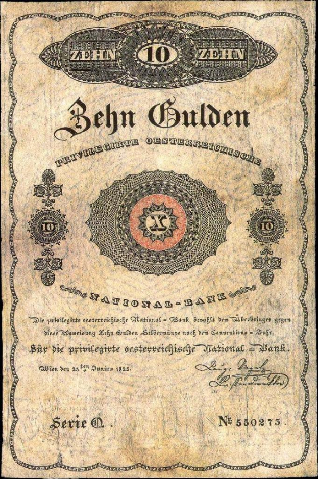 Ein altes deutsches Banknoten mit schwarzem Hintergrund, das das Porträt eines Mannes, den Text "Nationalbank von Deutschland" und ein Logo am unteren Rand zeigt.