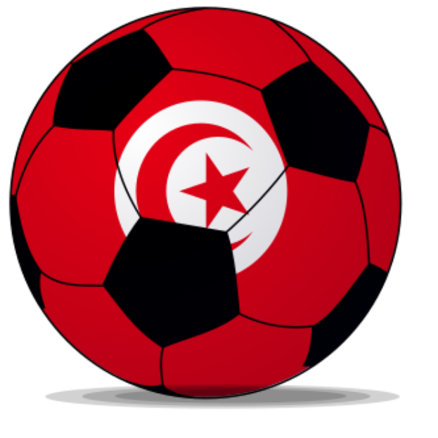 Ein Fußball mit der tunesischen Flagge, die die Farben rot, schwarz und weiß zeigt, vor einem weißen Hintergrund.