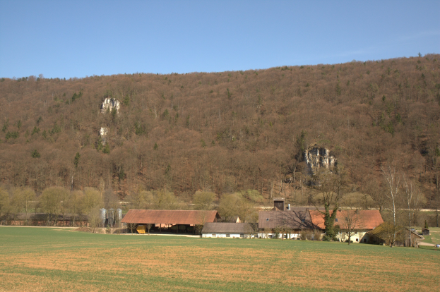 Ein Hof mit einigen Gebäuden und Bäumen in einem grünen Feld, vor einer Kulisse von Bergen unter einem blauen Himmel, mit leuchtend grünen Bäumen.