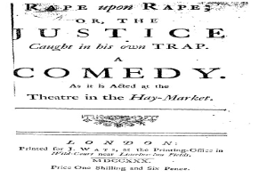 Schwarzes und weißes Plakat mit fetter schwarzer Schrift, die "Vergewaltigung auf Vergewaltigung oder die Gerechtigkeit, die in ihrer eigenen Falle gefangen ist", wahrscheinlich Ankündigung einer Comedy-Show.