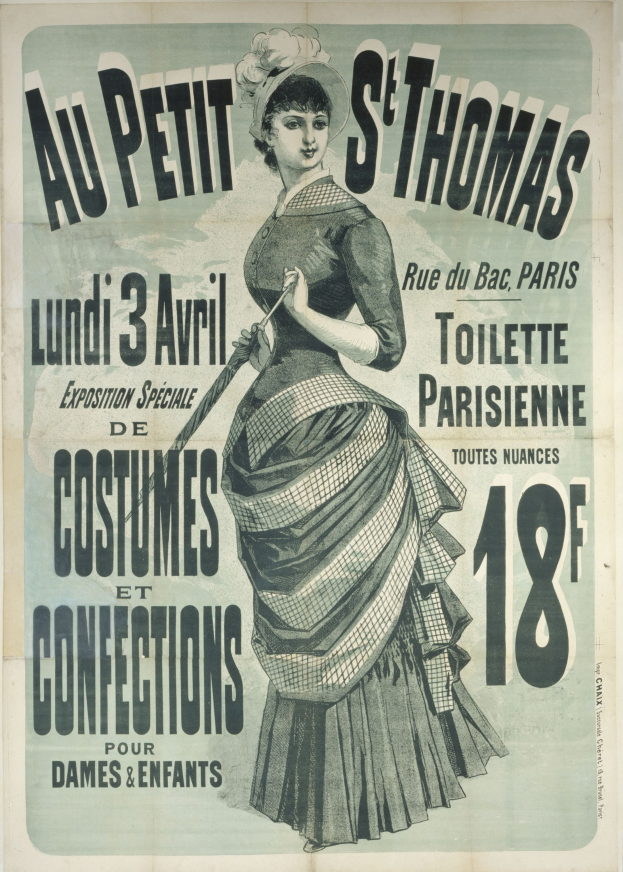 Vintage-Plakat für eine Kostümvorstellung, die eine Frau in einem langen, hochgeschlossenen, langärmeligen Kleid mit einem Dutt zeigt, anmutig posierend
