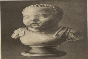 Ein schwarz-weißes Kindergesicht auf einem Sockel mit ernstem Ausdruck, direkt in die Kamera schauend, mit der Beschriftung "Kindergesicht" unten.