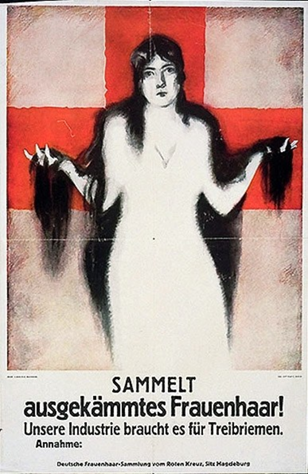 Deutscher Propagandaplakat mit einer Frau mit langen Haaren und Text, der wahrscheinlich Informationen über sie enthält.