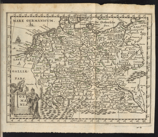 Ein altes Buch mit einer detaillierten Karte von Deutschland, die Fl├╝sse, Gebirgsz├╝ge, St├Ądte und begleitenden Text mit geografischen Informationen zeigt.