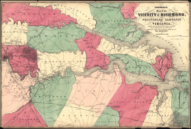 Eine Karte von Virginia mit farblich hervorgehobenen Countys, beschriftet mit "Virginia Campaign Map".