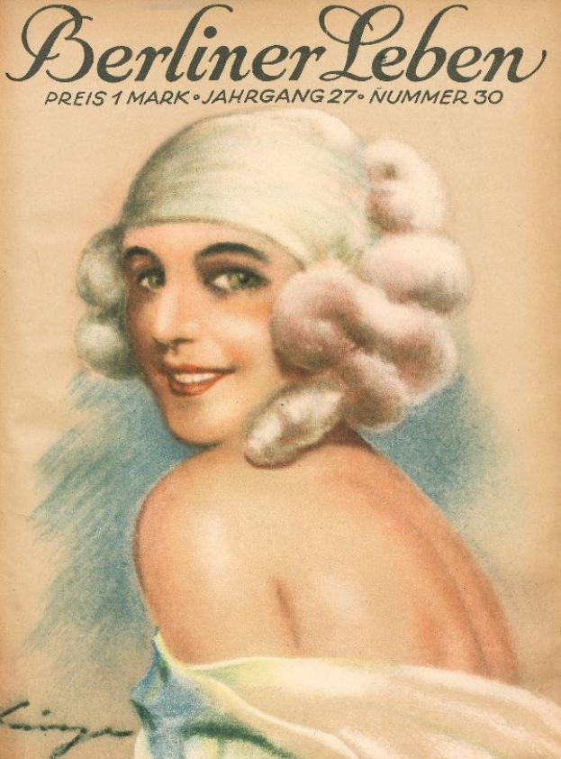 Eine Frau mit Turban lächelt auf dem Cover eines Magazins namens "Berliner Leben".