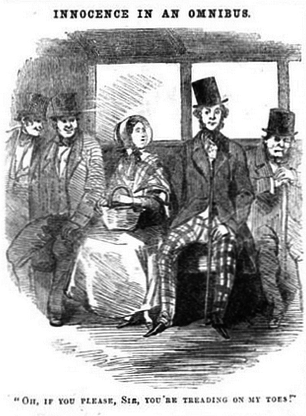 Eine Gruppe von Menschen in einem Zug, mit einer Frau in einem langen Kleid und Hut, die einen Korb hält, umgeben von besorgten Passagieren, die zu ihr aufblicken; die Szene trägt den Titel "Unschuld in einer Omnibus."