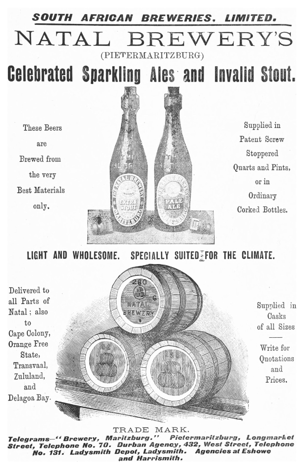 Werbung für das prickelnde Ale und Invalidenstout der Natal Brauerei