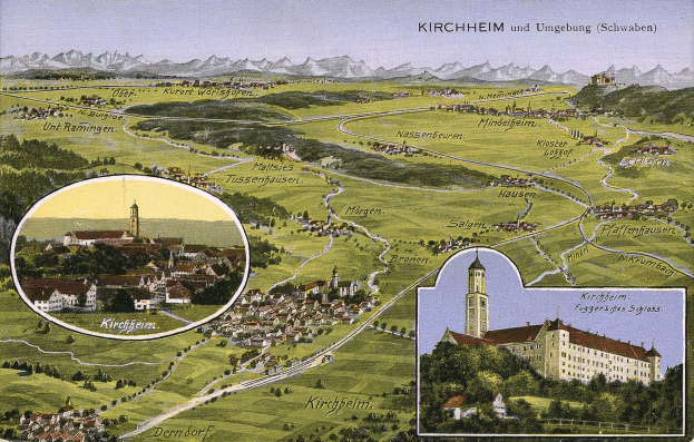Schwarze und weiße Postkarte von Kirchheim und Umgebung, Deutschland, zeigt eine Karte der Stadt mit Gebäuden, Bäumen, Hügeln und einem Himmelhintergrund, einschließlich Text.