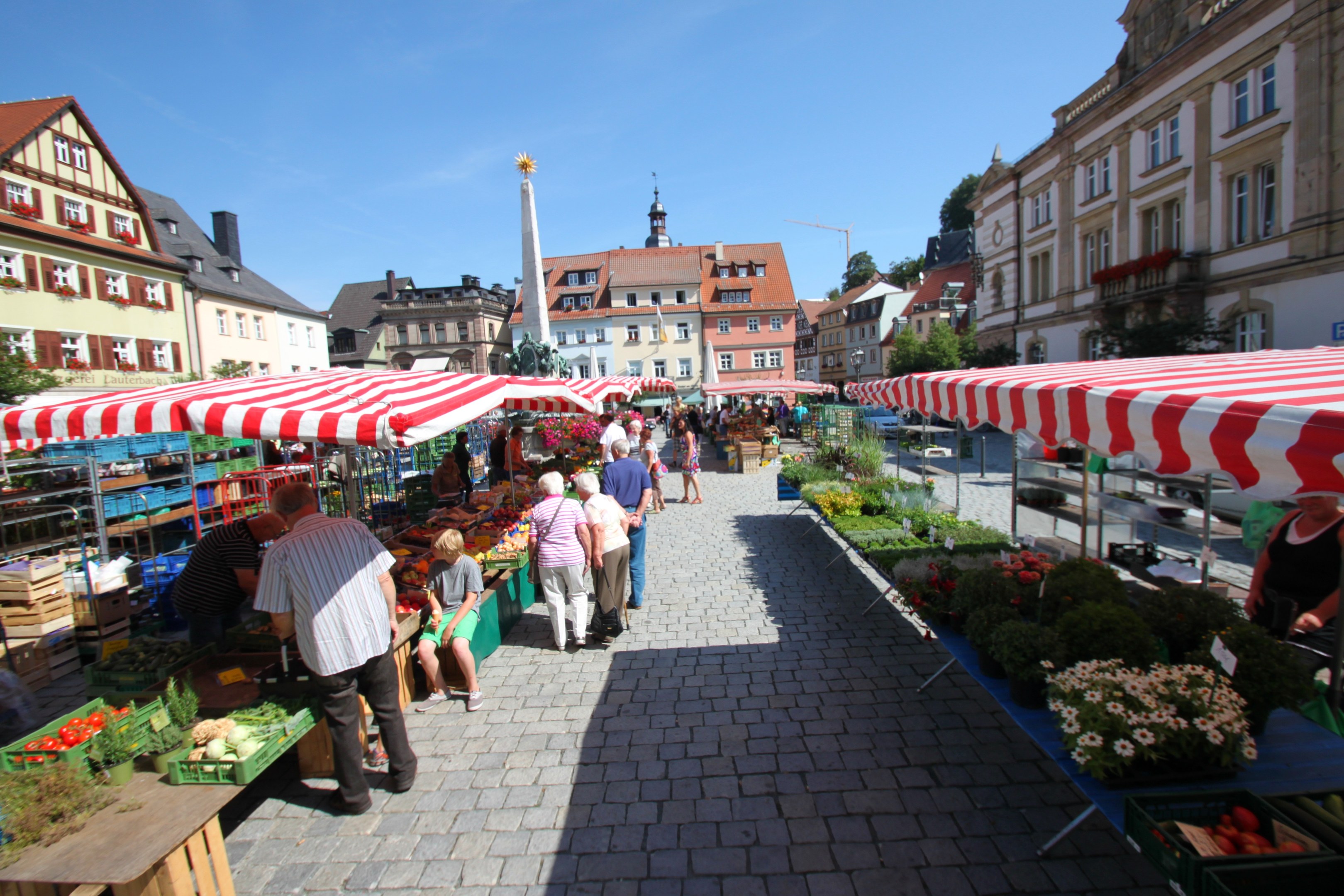 Ein belebter Markt im alten Stadtzentrum von Heidelberg mit Menschen, die gehen, auf Bänken sitzen und in der Nähe von Zelten stehen, mit Gemüsekörben auf Tischen, Gebäuden mit Fenstern, Bäumen und einem klaren blauen Himmel.