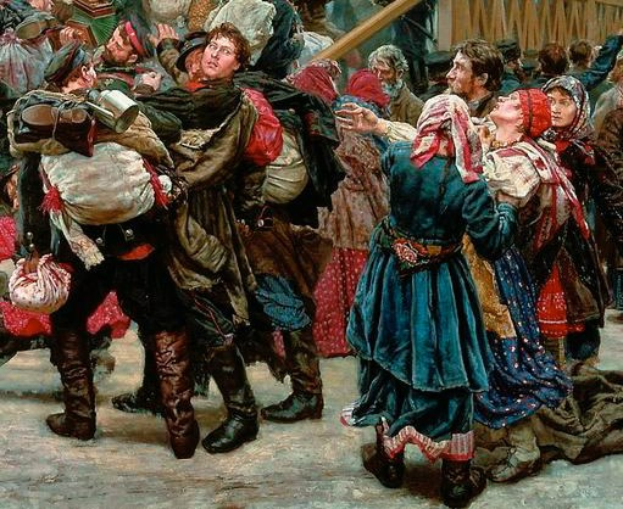 Gemälde, das eine Gruppe von Menschen in traditioneller russischer Kleidung zeigt, die Gegenstände halten und vor einem Publikum tanzen, mit einem hölzernen Haus im Hintergrund, das an eine Szene aus der russischen Revolution erinnert.