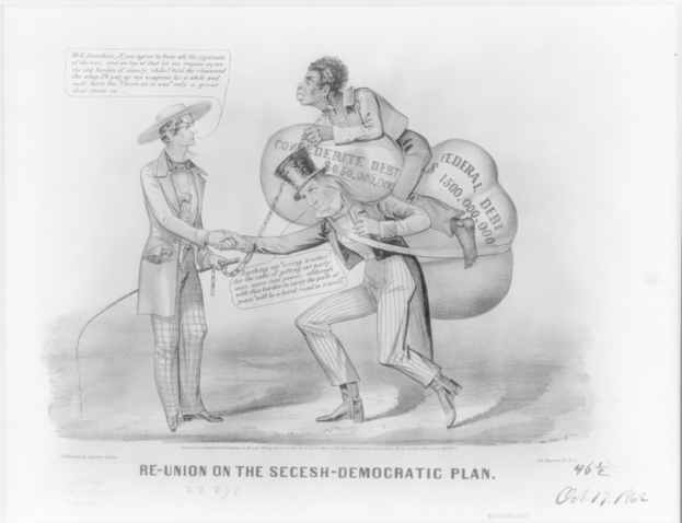 Ein Schwarz-Weiß-Cartoon auf einem Blatt Papier, das zwei Männer zeigt, die sich die Hand geben, einer mit einem Sack auf dem Rücken, mit der Aufschrift "Wiedervereinigung auf dem Secesh-demokratischen Plan".
