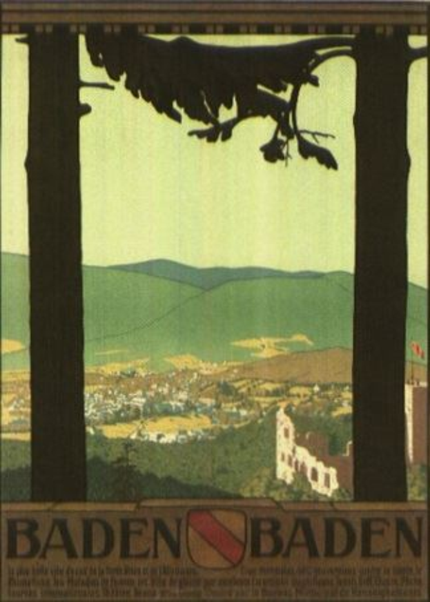 Ein Vogel auf einem Baumast mit Gebäuden und Hügeln im Hintergrund, unter einem klaren blauen Himmel, mit Textwerbung für Baden-Württemberg, Deutschland.
