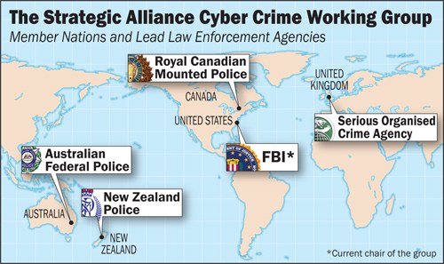 Ein Plakat mit einer farbigen Karte der Strategic Alliance Cyber Crime Working Group umgeben von Logos und Namen der beteiligten Organisationen in einer kreisförmigen Anordnung.