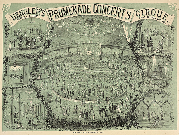 Ein altes Buch mit einer Zeichnung einer vielseitigen Menge bei einem Zirkus, mit einem Konzertplakat mit Text und Zahlen.