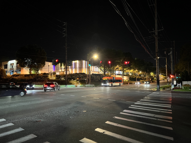 Eine nächtliche Stadtstraße mit fahrenden Autos und einem Bus, beleuchtet von Straßen- und Verkehrsschildern, gesäumt von Bäumen, Gebäuden und Strommasten mit Überlandleitungen, unter einem dunklen Himmel.