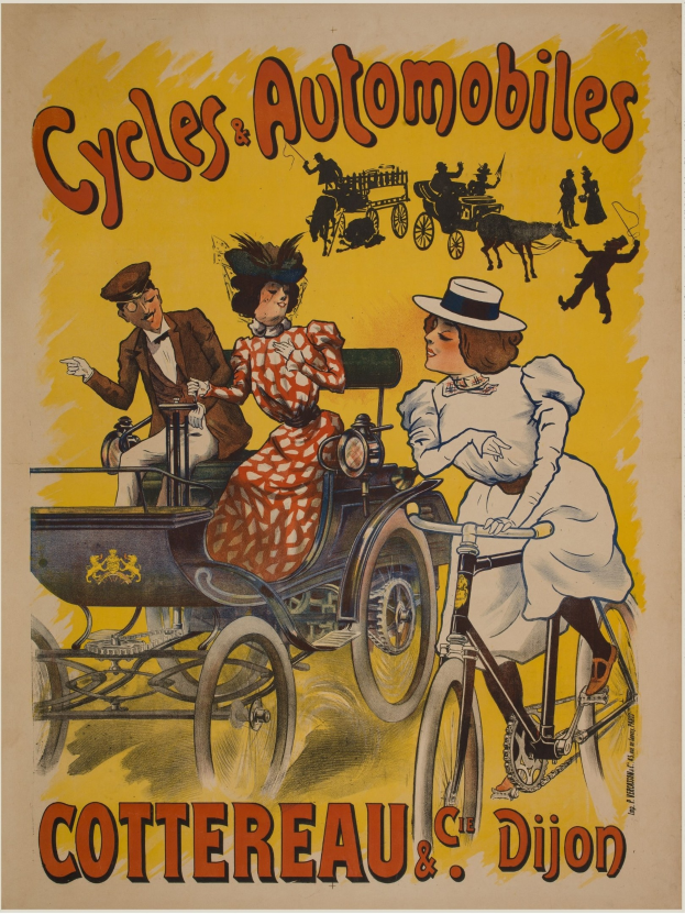 Plakat, das Fahrräder und Automobile in Cottereau und Dijon, Frankreich, bewirbt, mit Menschen auf Fahrrädern und einer Kutsche mit dem Text "Fahrräder und Automobile" oben.