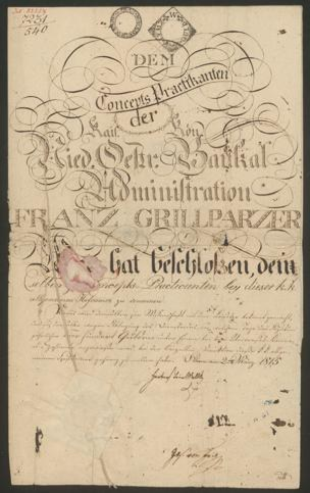 Altes Vertragsdokument aus der Zeit des Deutschen Reichs mit schwarzem Hintergrund und einer pinken Blume, das einen verblassten Text enthält.