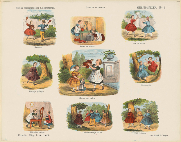 Ein Buch mit Bildern von Kindern, die in einem Park mit Bäumen und anderen Gegenständen spielen, sowie begleitendem Text.