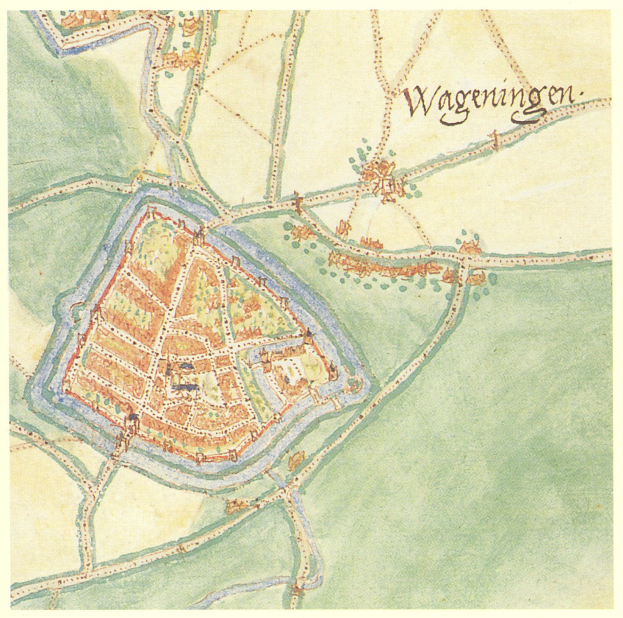 Detailierte Stadtplan-Poster von Wageningen, Deutschland, mit Straßen, Gebäuden und Sehenswürdigkeiten mit beschriftetem Text.